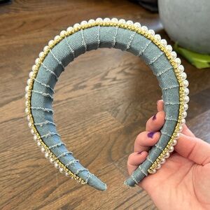 Pearl and Rhinestone Trim Denim Padded Headband in Light Blue
